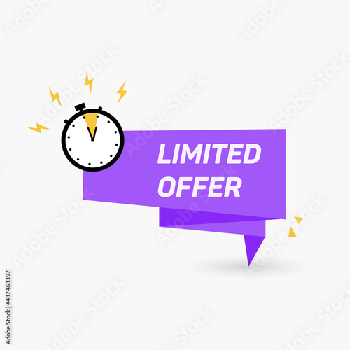 Limited offer icon with time countdown. Super promo label with alarm clock and word. Last offer banner for sale promotion. Red flat sticker hurry deal. Auction tag. Last minute chance stamp. vector.