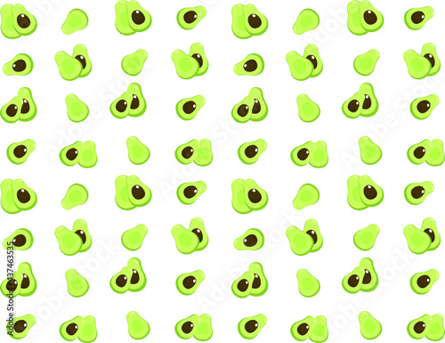 Set of fresh whole, half, cut slice and leaves avocado isolated on white background. Summer fruits for healthy lifestyle. Organic fruit. Cartoon style. Vector illustration for any design.