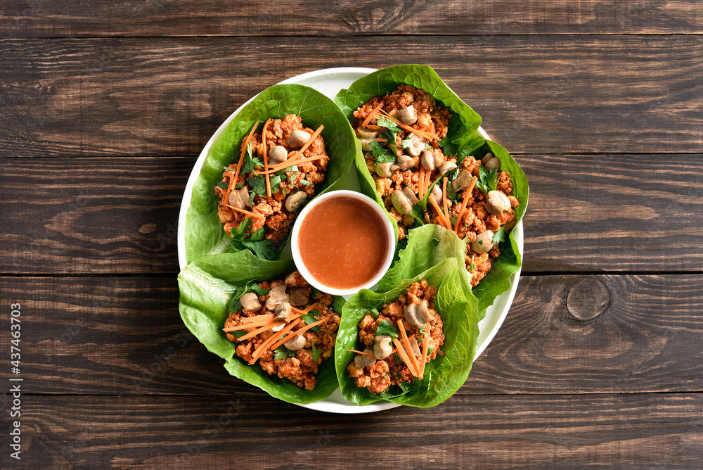Asian minced meat lettuce wraps - obrazy, fototapety, plakaty 