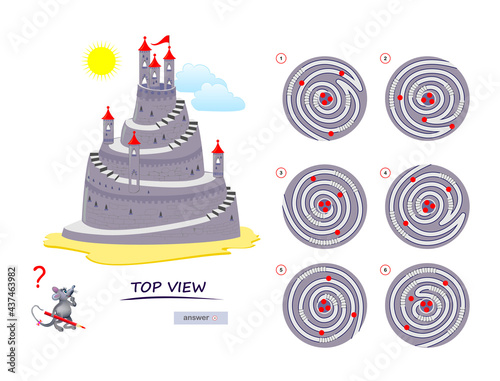Logic puzzle game for children and adults. 3D maze. Need to find correct top view of tower. Printable page for brain teaser book. Developing spatial thinking skills. IQ test. Flat illustration.