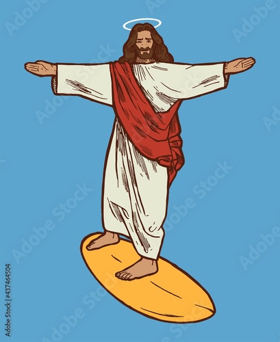 Jesus Christ character surfing isolated vector illustration.