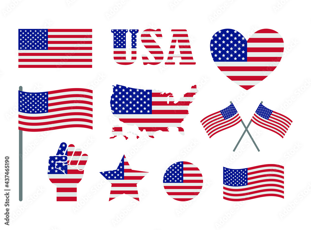 Vector set bundle of flat American USA flag elements isolated on white background