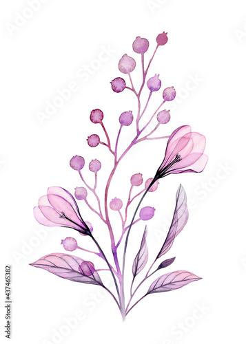 Watercolor floral composition in purple. Hand painted artwork with transparent pink flowers and small berries isolated on white. Botanical illustration for cards  wedding design