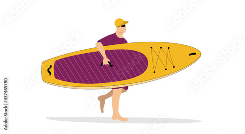 Man brings the sup board. Summer marine concept. Minimal illustration for landing page or advertisement design 