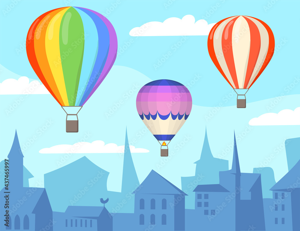 Obraz premium Air balloons over city cartoon illustration. Three bright colorful aerostats floating over silhouetted city or town. Clear blue sky with white clouds. Aeronautics concept for website or landing page