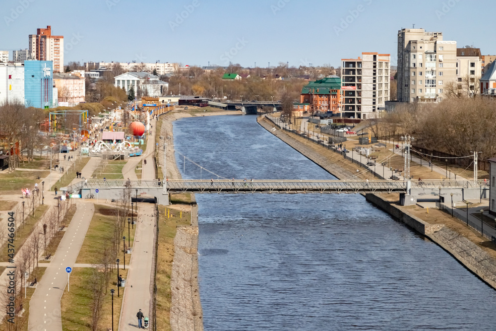 The embankment of the Uvod River in the city of Ivanovo on a sunny day. View from the height of the Ferris wheel.