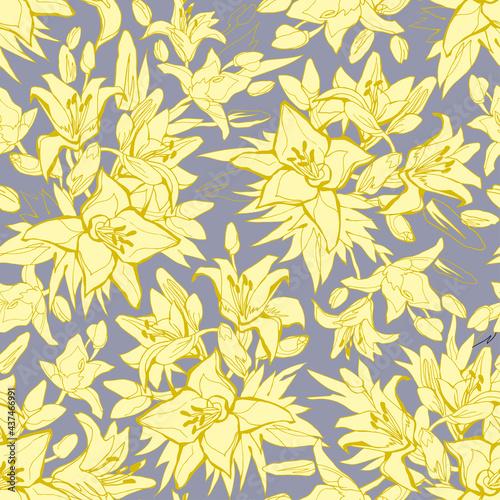 Vector seamless pattern with Silhouettes of Yellow illuminating Lily Flowers on Gray. Spotted vector illustration with hand drawn flowers in full bloom. 