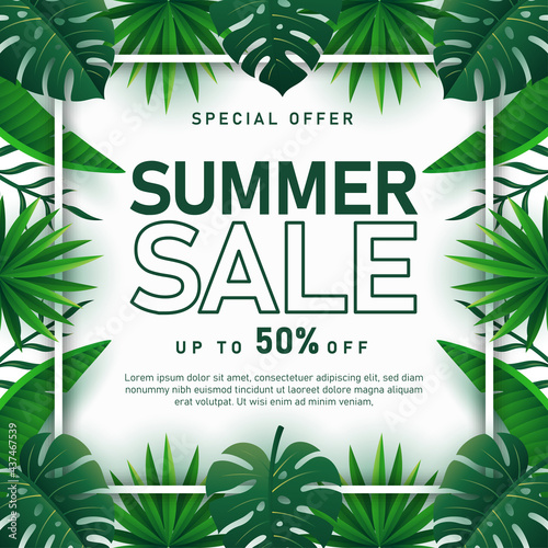 Summer Sale banner with tropical leaves