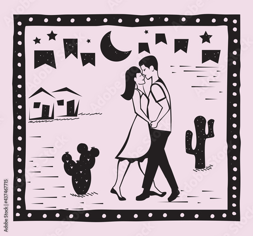 Festa Junina background vector. Cute couple dancing.Traditional Brazilian woodcut style illustration. photo