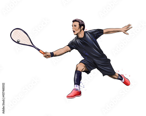 Abstract young man does an exercise with a racket on her right hand in squash from splash of watercolors. Squash game training. Vector illustration of paints © kapona