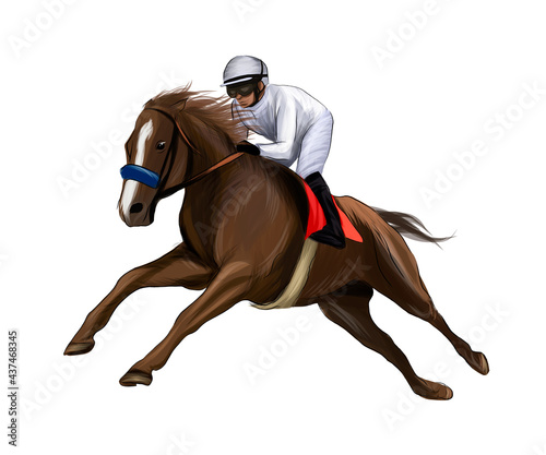Horse racing with a jockey from splash of watercolors, colored drawing, realistic, Horseback riding. Vector illustration of paints