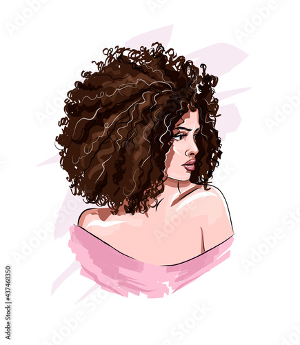 Beautiful young woman with curly hair. Stylish african american girl with afro hairstyle, colored drawing, realistic. Vector illustration of paints