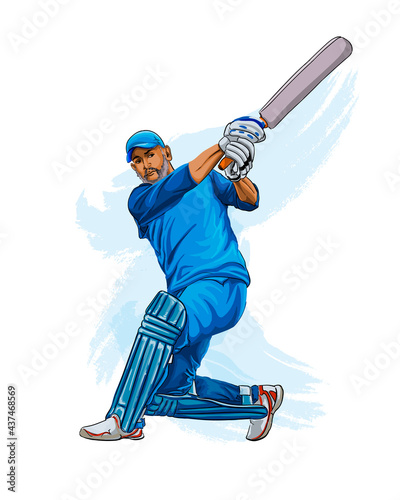 Abstract batsman playing cricket from splash of watercolors, colored drawing, realistic. Vector illustration of paints