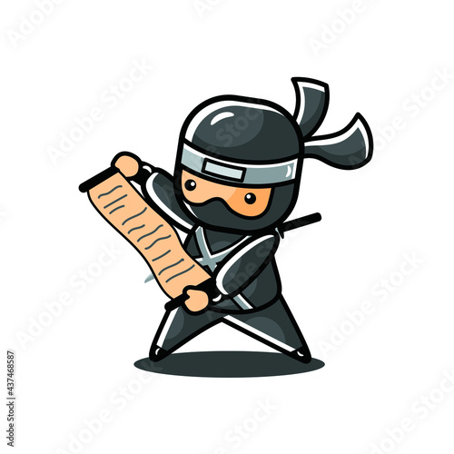 Cartoon black little ninja open the paper