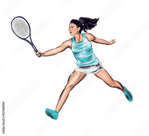 Abstract tennis player with a racket from splash of watercolors, colored drawing, realistic. Vector illustration of paints