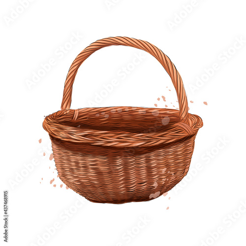 Wooden rounded wicker basket from splash of watercolors, colored drawing, realistic. Vector illustration of paints