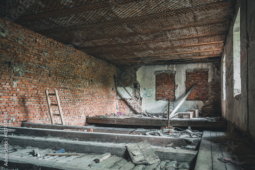 Staryi Sambir, Ukraine - 30.05.2021: The ruins of Synagogue in Staryi Sambir. Interior.