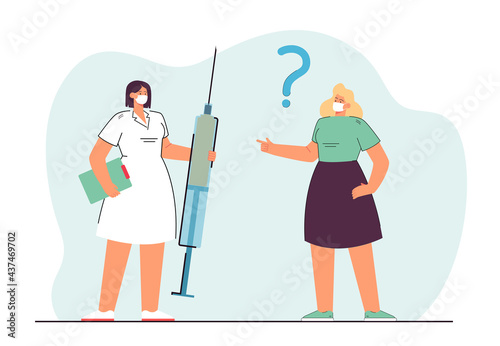 Female doctor holding syringe with covid vaccine. Patient interesting quality of vax flat vector illustration. Coronavirus, vaccination, pandemic concept for banner, website design, landing web page.