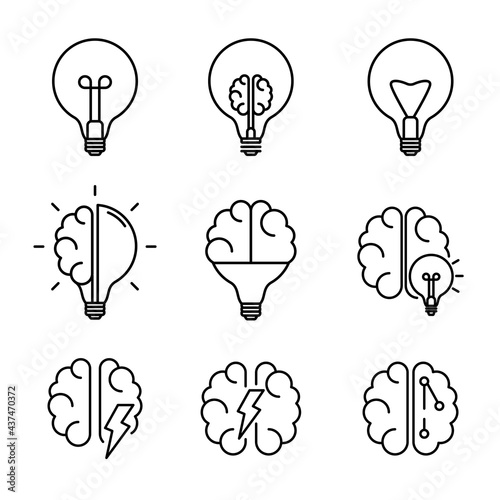 Creative Idea, Brainstone Line Icon Collection Set. Brain in lightbulb, brain...