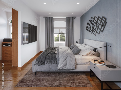 Dormitorio con piso de madera y cortinas grises