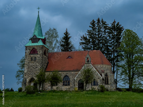 Church Of The Divine Heart Of The Lord in Borovnicka, Podkrkonosi region in Czech republic after dark