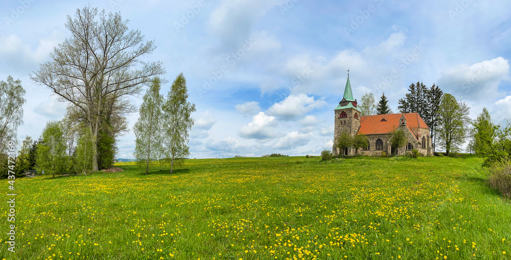 Panorama of Church Of The Divine Heart Of The Lord in small village Borovnicka, Pokrkonosi region in Czech republic built in 1928