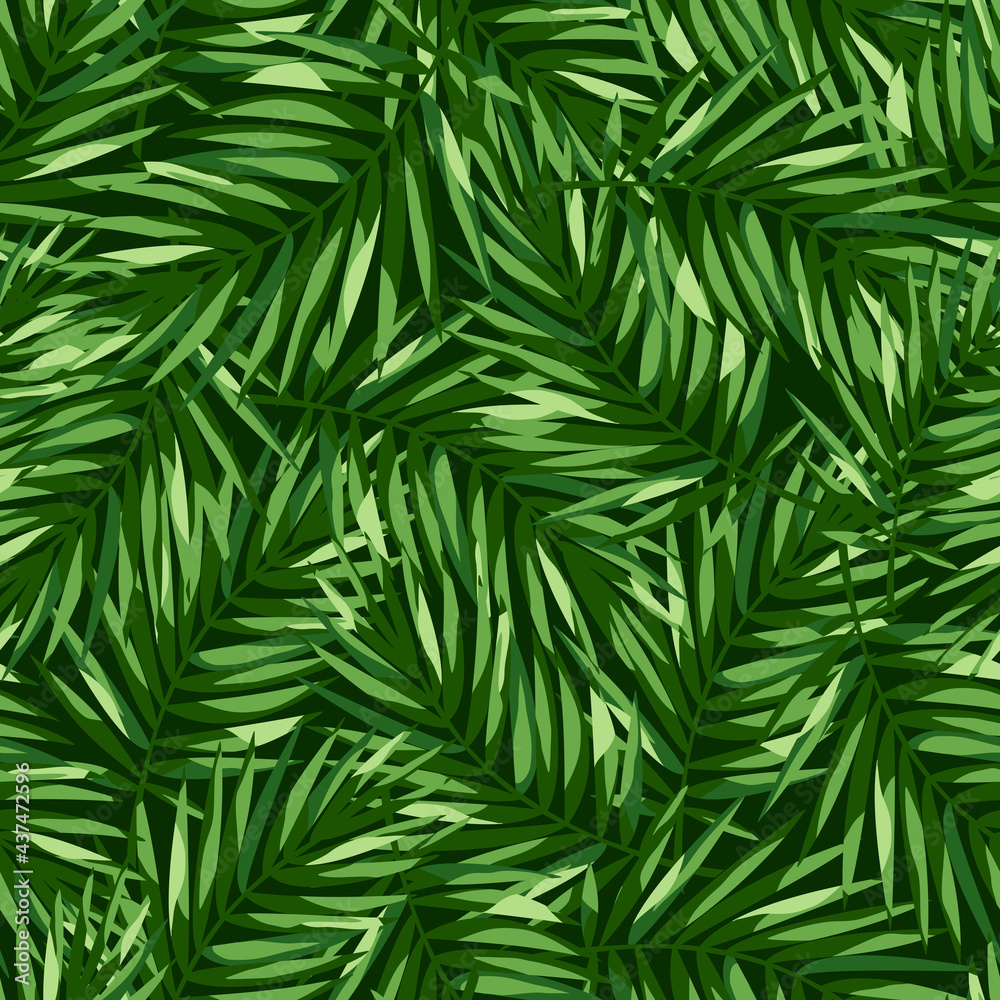 Tropical pattern with green palm leaves. Vector seamless texture.