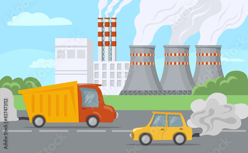 Industrial landscape illustration. Chimney polluting air with toxic smoke. Cars driving past city factory blowing out exhaust. Industrial, environment pollution concept for website, landing page