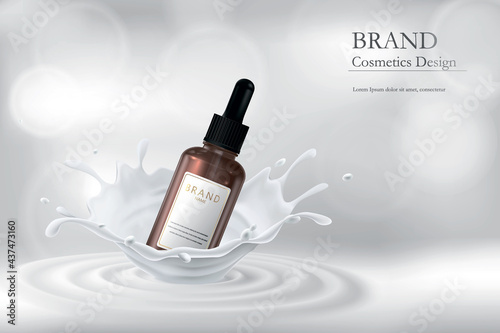 Essence for skin in milk splash. 3D illustration with a realistic image of cosmetics. Bottle mockup for product advertising.