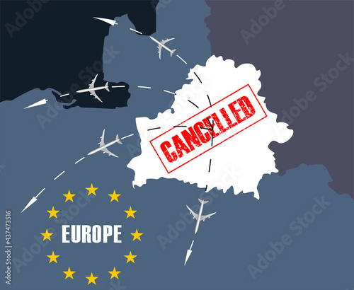 Cancellation of flights in Europien Union for Belarus due to international scandal with airlines. Sanctions in response to Lukashenka's terrorism. Banner for article in magazines, newspapers Vector