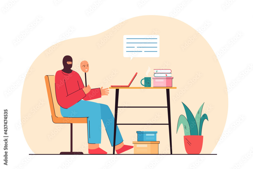 Hacker sitting with laptop trying to scam victim on internet. Fraud artist working at home flat vector illustration. Online crime, cybercrime concept for banner, website design or landing web page. Hacker sitting with laptop trying to scam victim on internet. Fraud artist working at home flat vector illustration. Online crime, cybercrime concept for banner, website design or landing web page.