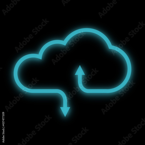 Blue growing neon effect cloud icon with curve arrow up and down for data transfer, upload and download, isolated in black background. Internet communication and cloud computing technology concept.