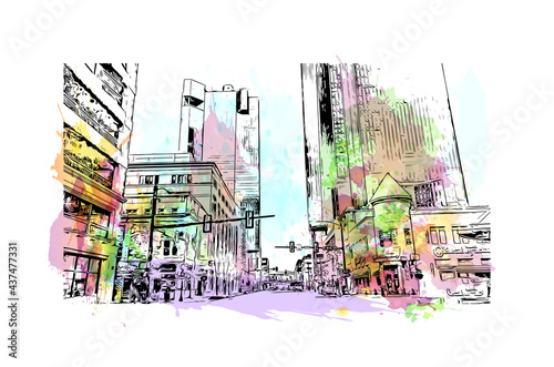 Building view with landmark of Fort Worth is a city in North Central Texas.. Watercolor splash with hand drawn sketch illustration in vector.