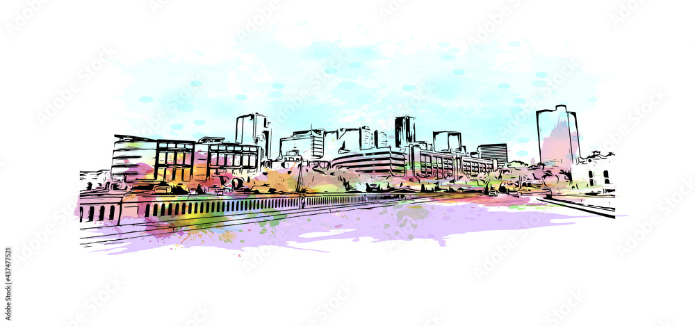Building view with landmark of Fort Worth is a city in North Central Texas.. Watercolor splash with hand drawn sketch illustration in vector.
