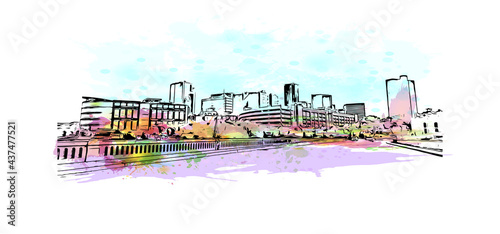 Building view with landmark of Fort Worth is a city in North Central Texas.. Watercolor splash with hand drawn sketch illustration in vector.