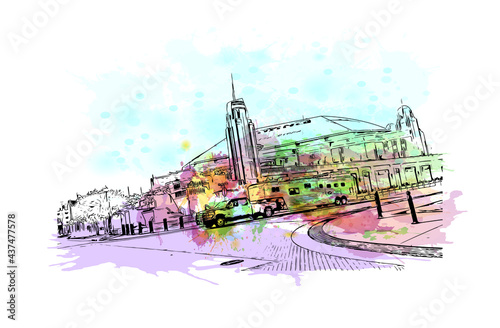 Building view with landmark of Fort Worth is a city in North Central Texas.. Watercolor splash with hand drawn sketch illustration in vector.