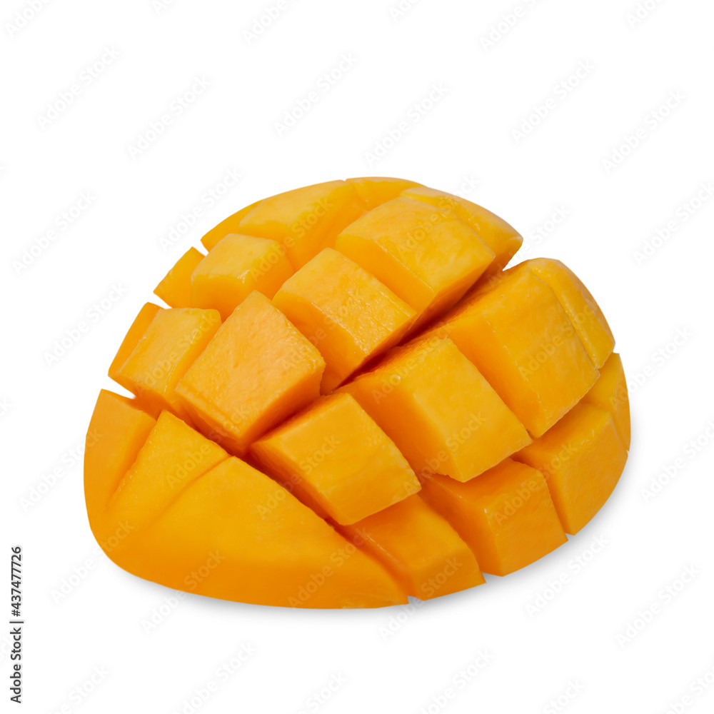 Mango slice cut to cubes , Mango R2E2 isolated on white background. Mango slice cut to cubes , Mango R2E2 isolated on white background.