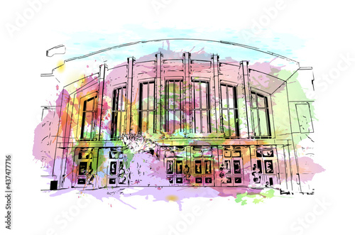 Building view with landmark of Fort Worth is a city in North Central Texas.. Watercolor splash with hand drawn sketch illustration in vector.