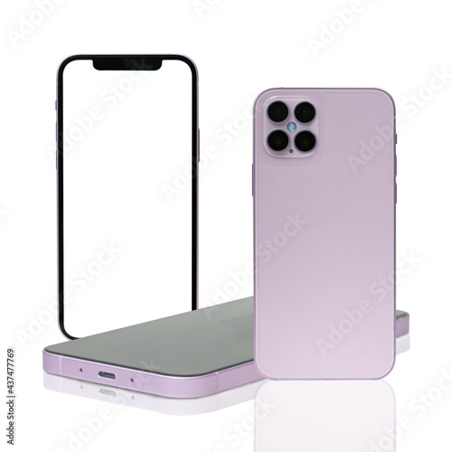 Smart phone, multiple viewing angles front view back side and  landscape view isolated on white background.