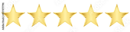 Five vector gold stars. Realistic 3d decor element star rating