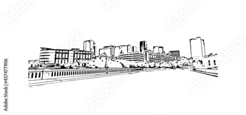 Building view with landmark of Fort Worth is a city in North Central Texas.. Hand drawn sketch illustration in vector.