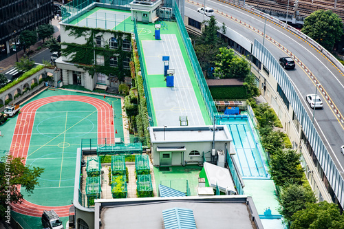 Aerial and top view of public park which was built from the wooden loft style at Ginza Tokyo Japan. It is the recreation space for Japanese people but less number of visitor during Covid-19 situation. photo