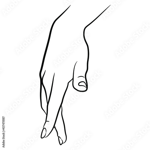 Beautiful female hand in elegant funny reconciliation gesture. Two fingers showing walking man. Black and white linear silhouette. Cartoon style.