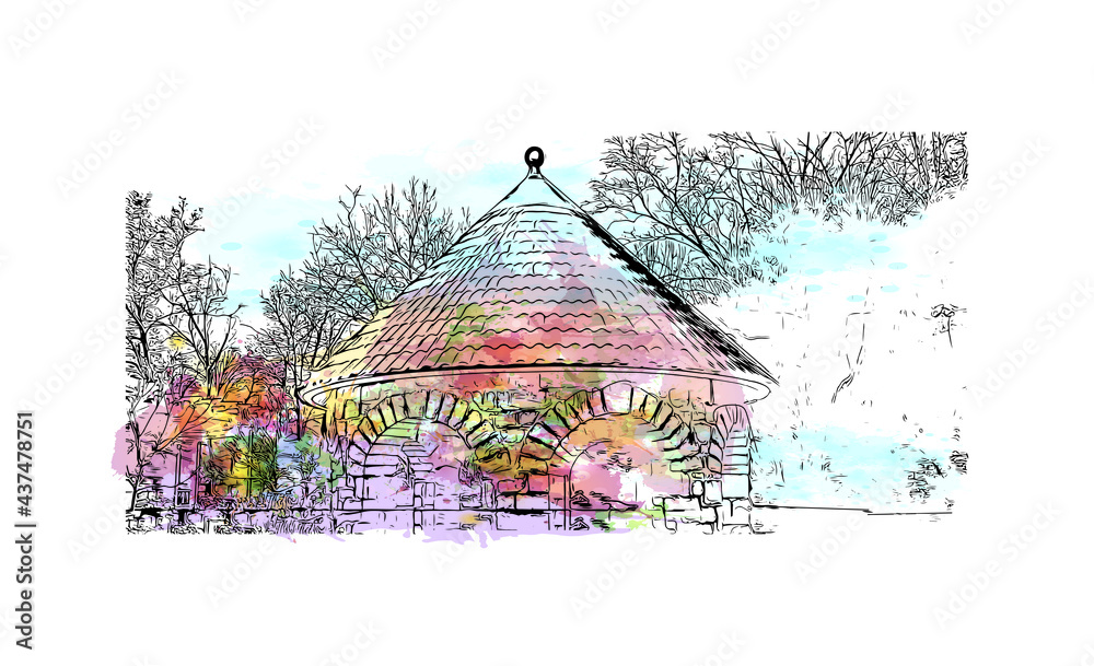 Building view with landmark of Frankfort is the
city in Kentucky. Watercolor splash with hand drawn sketch illustration in vector.