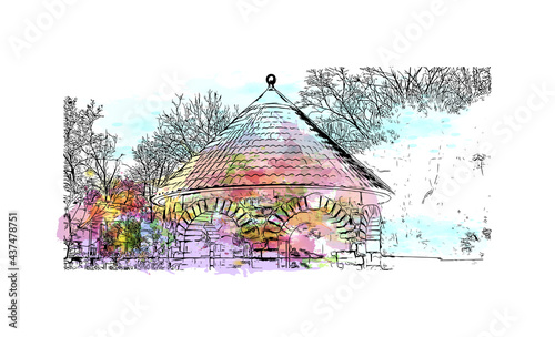 Obraz na płótnie Building view with landmark of Frankfort is the
city in Kentucky. Watercolor splash with hand drawn sketch illustration in vector. w salonie