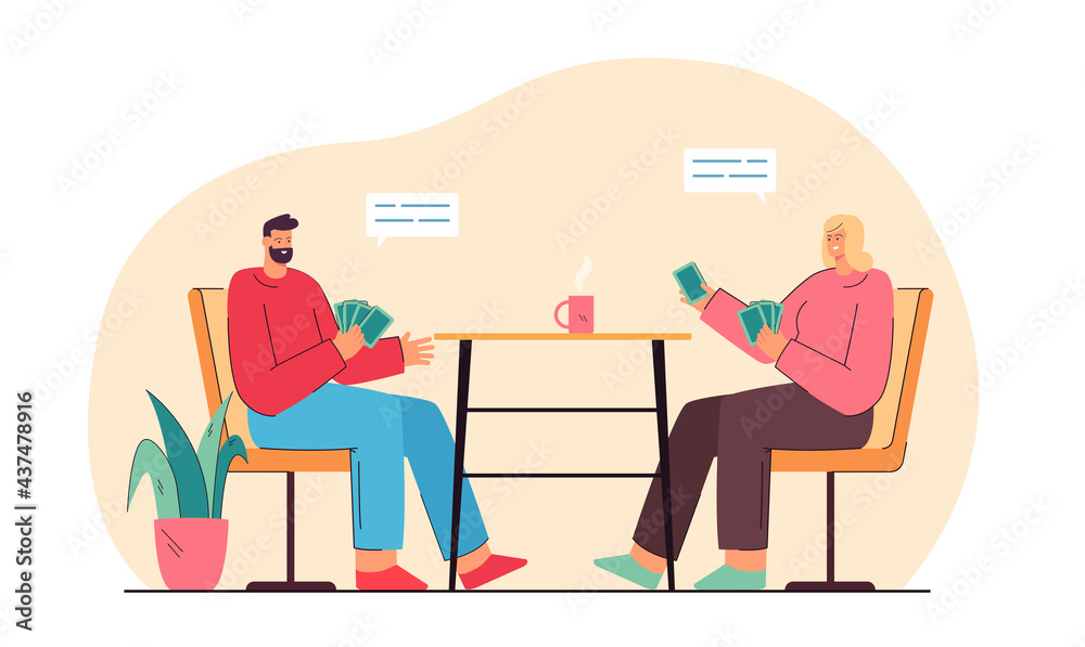 Happy man and woman sitting at table and playing cards. Couple drinking tea at home, having good time together flat vector illustration. Friendship, game, leisure activity concept