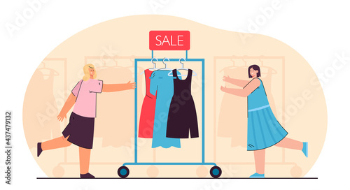 Salesgirls pushing clothes rail with dresses. Sale of gowns flat vector illustration. Clothes racks in background. Selling, shop assistant concept for banner, website design or landing web page.