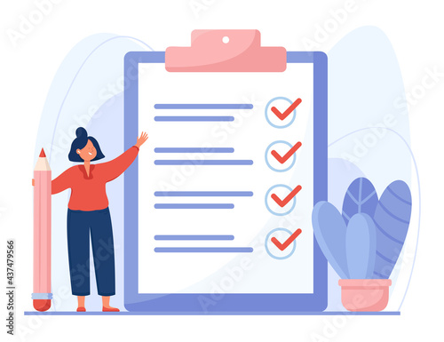 Completed checklist of cartoon woman flat vector illustration. Businesswoman holding pencil, standing next to clipboard, taking notes. List with tasks, achievement, business success, goals concept.