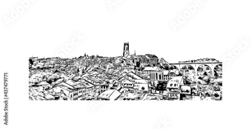 Building view with landmark of Fribourg is the 
city in Switzerland. Hand drawn sketch illustration in vector.