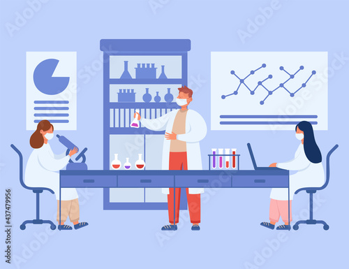 Medical students in laboratory flat vector illustration. Group of cartoon scientists making research, conducting test, creating medicine for covid in lab. Science, chemistry concept.